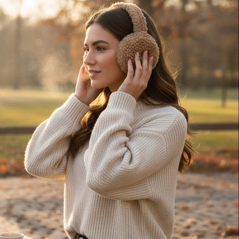 C.C. Sherpa Earmuffs (3 colors) worn by a young woman in a warm sweater in an outdoor fall setting.
