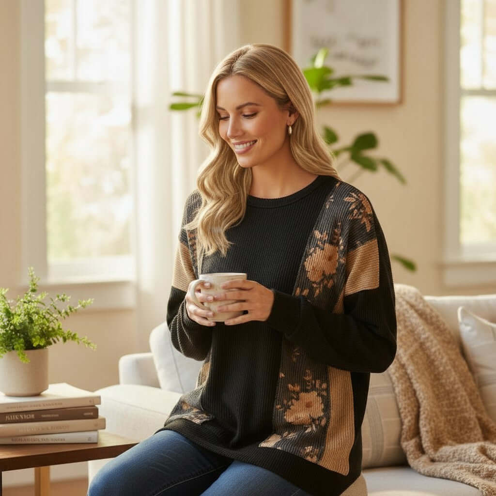 Model wearing HOMETOWN HARMONY TOP - Heimish, showcasing a cozy floral color block design in a bright room.
