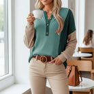 Everyday Balance Top in jade colorblock design, cozy pullover with oversized fit, perfect for everyday wear.