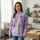 MARDI GRAS STAR PULLOVER featuring bold sequined star patches in lavender, perfect for festive occasions.
