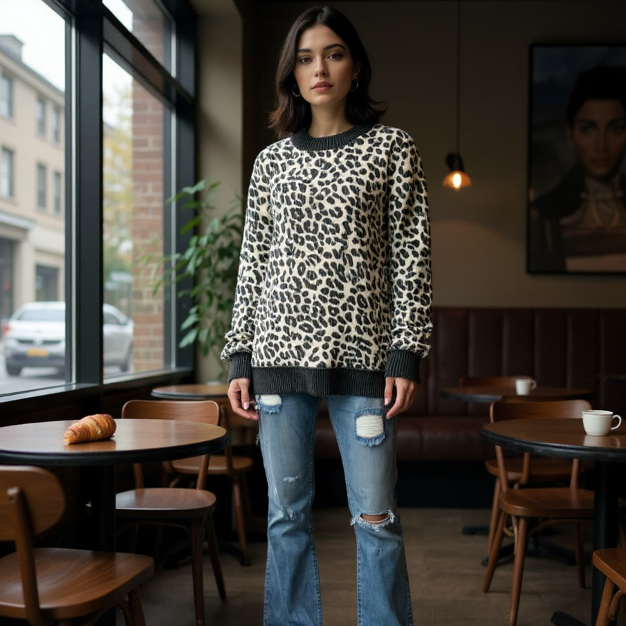 A woman wearing THE PERFECT SPOT Ribbed Top with snow leopard print, styled casually in a cafe setting.