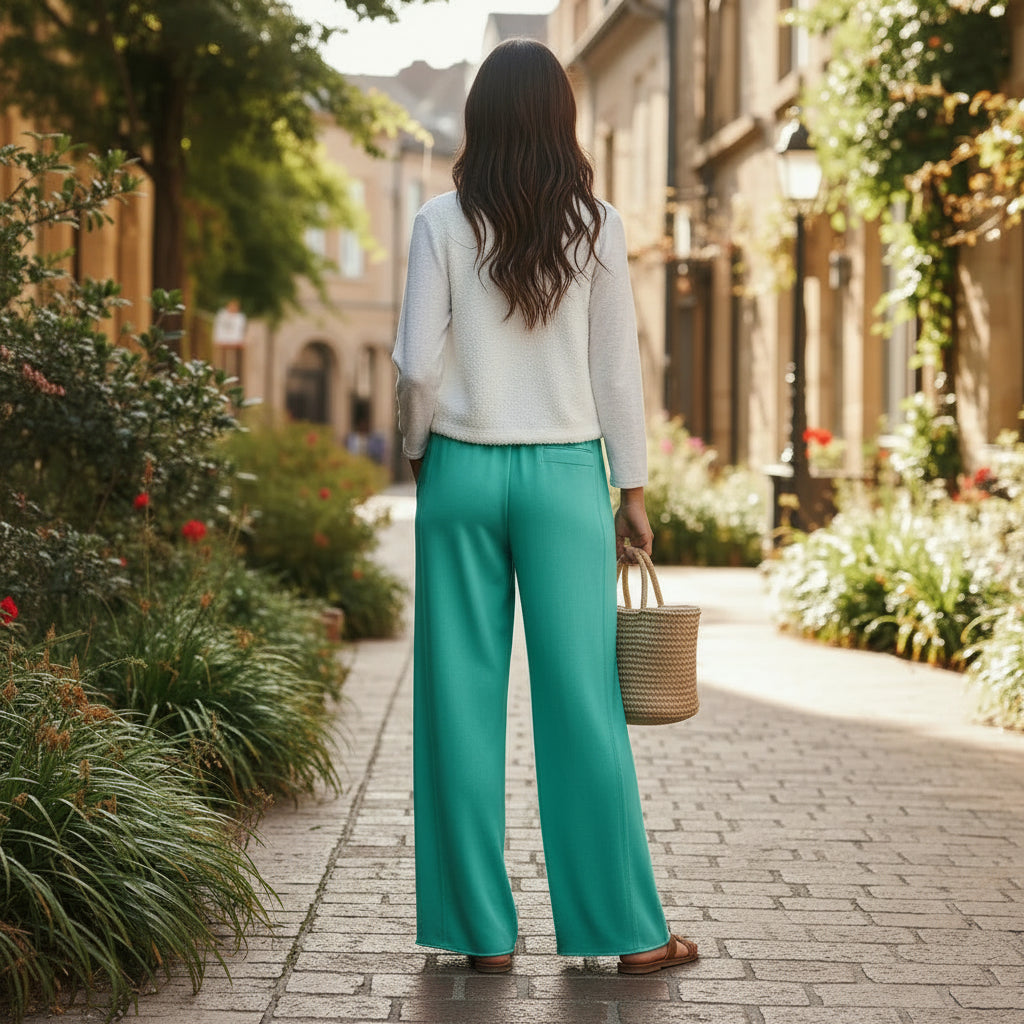 AQUA DRIFT WIDE LEG PANTS showcased in a scenic street, paired with a cozy sweater and bag.