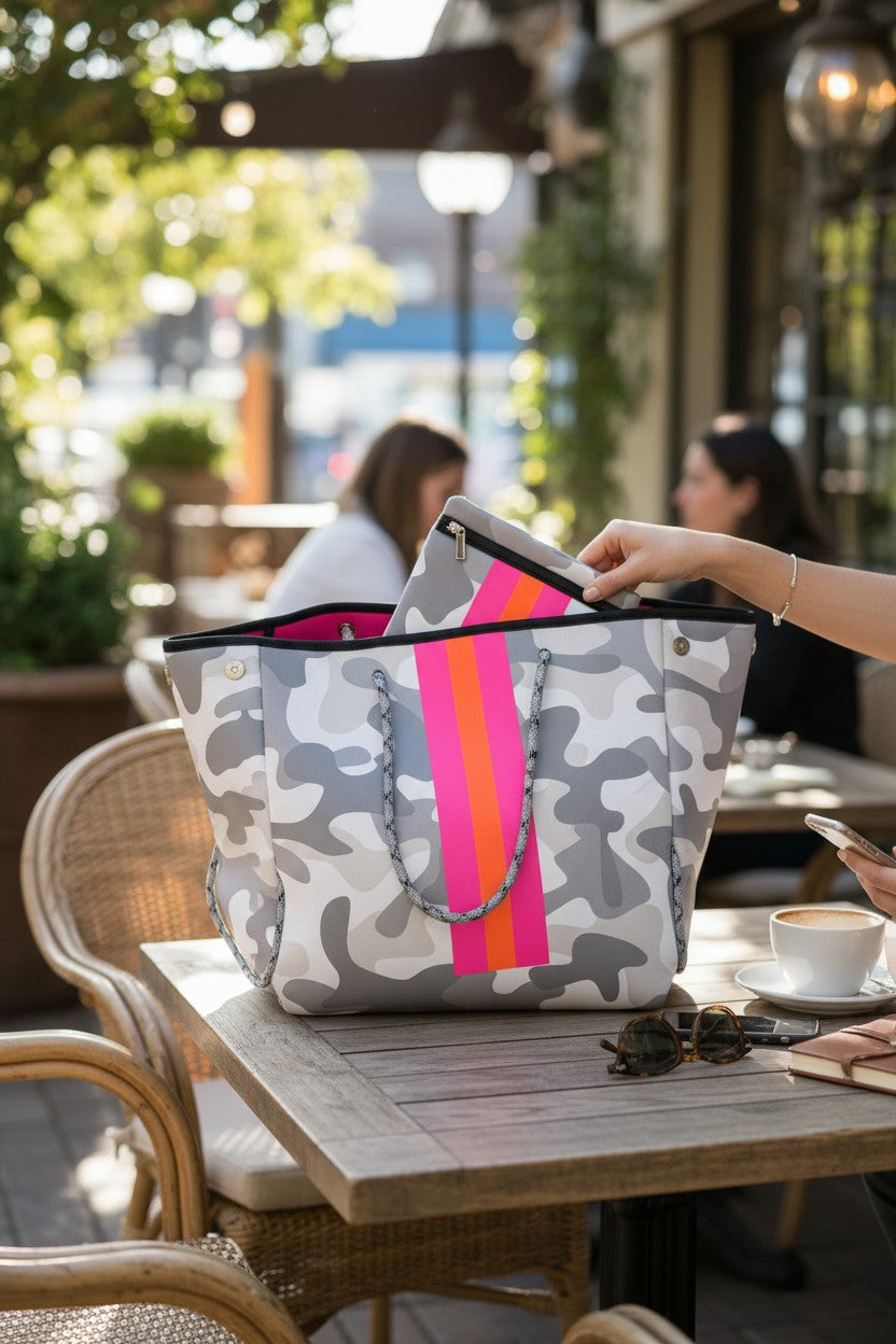 HUNTRESS LUXE 2 PIECE BAG SET showcased in a café, featuring a neoprene camo tote and matching pouch.