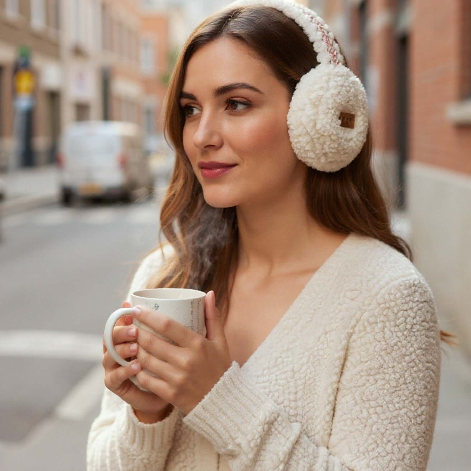 C.C. Sherpa Earmuffs (3 colors) worn by a woman enjoying a warm drink in a cozy winter outfit on a city street.
