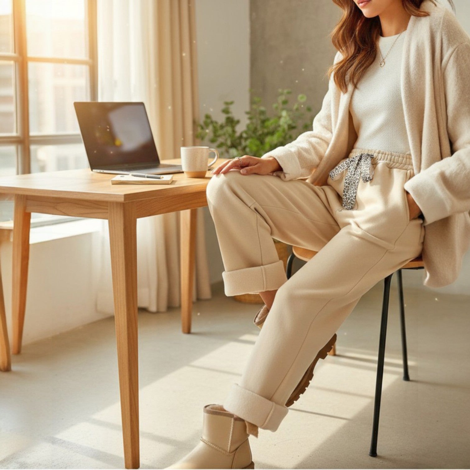Woman in cozy outfit wearing COMFORT CULTURE PANTS (cream) with leopard drawstring, sitting at a stylish desk.