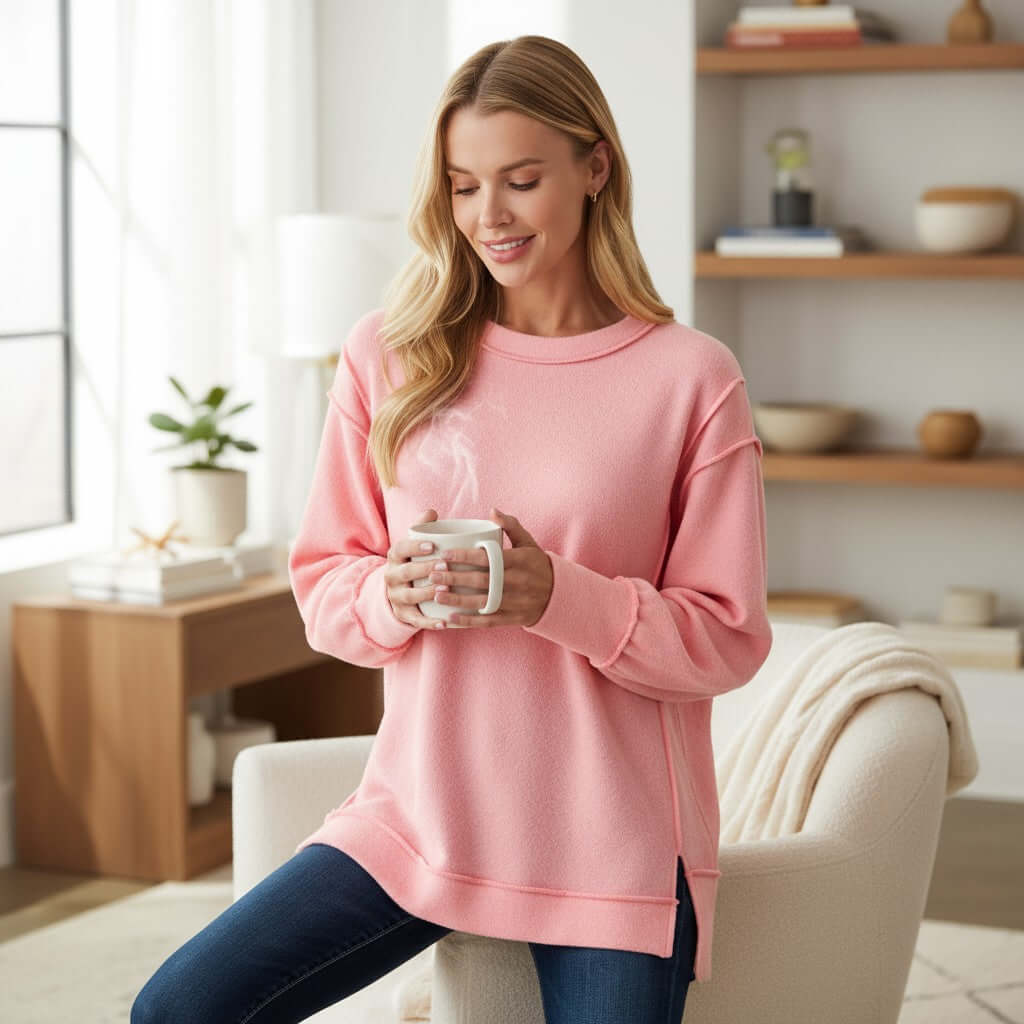 SOFT INTENTIONS Pullover by Zenana (soft pink) worn by a woman holding a coffee mug and smiling in a cozy room.