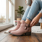VERY G CAROLINA ANKLE BOOT in rose tan suede, featuring stylish buckle and side-zip design.