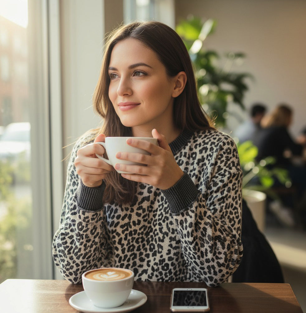 A woman enjoying her coffee wearing THE PERFECT SPOT Ribbed Top in snow leopard print, showcasing effortless style.
