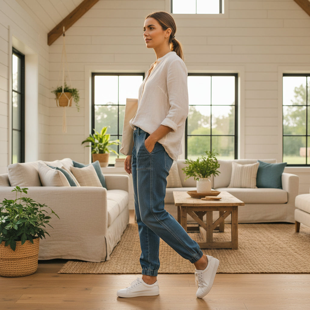 Woman wearing YARA JOGGERS by Risen Denim, styled in a cozy living room setting with modern decor.