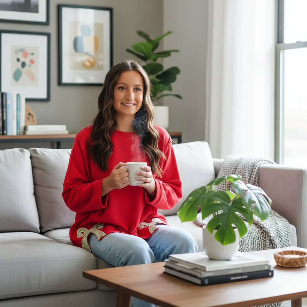 Model wearing SWEETHEART BOW TOP (red) sitting on a couch, holding a mug with a cozy living room backdrop.