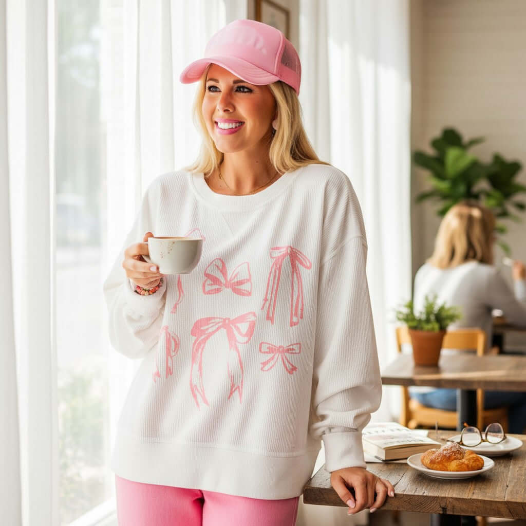 Woman wearing SOFTLY TIED CREWNECK with pink bow print, holding a cup in a cozy cafe setting.