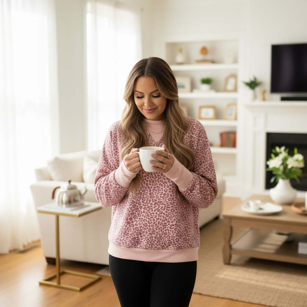 Woman enjoying a coffee while wearing the LAZY DAY LEOPARD CREWNECK sweatshirt in a cozy living room setting.