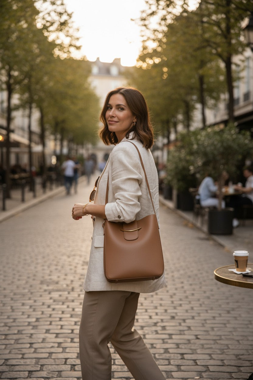 Woman in chic attire carrying a POLISHED PATH HANDBAG (cinnamon) on a stylish city street.