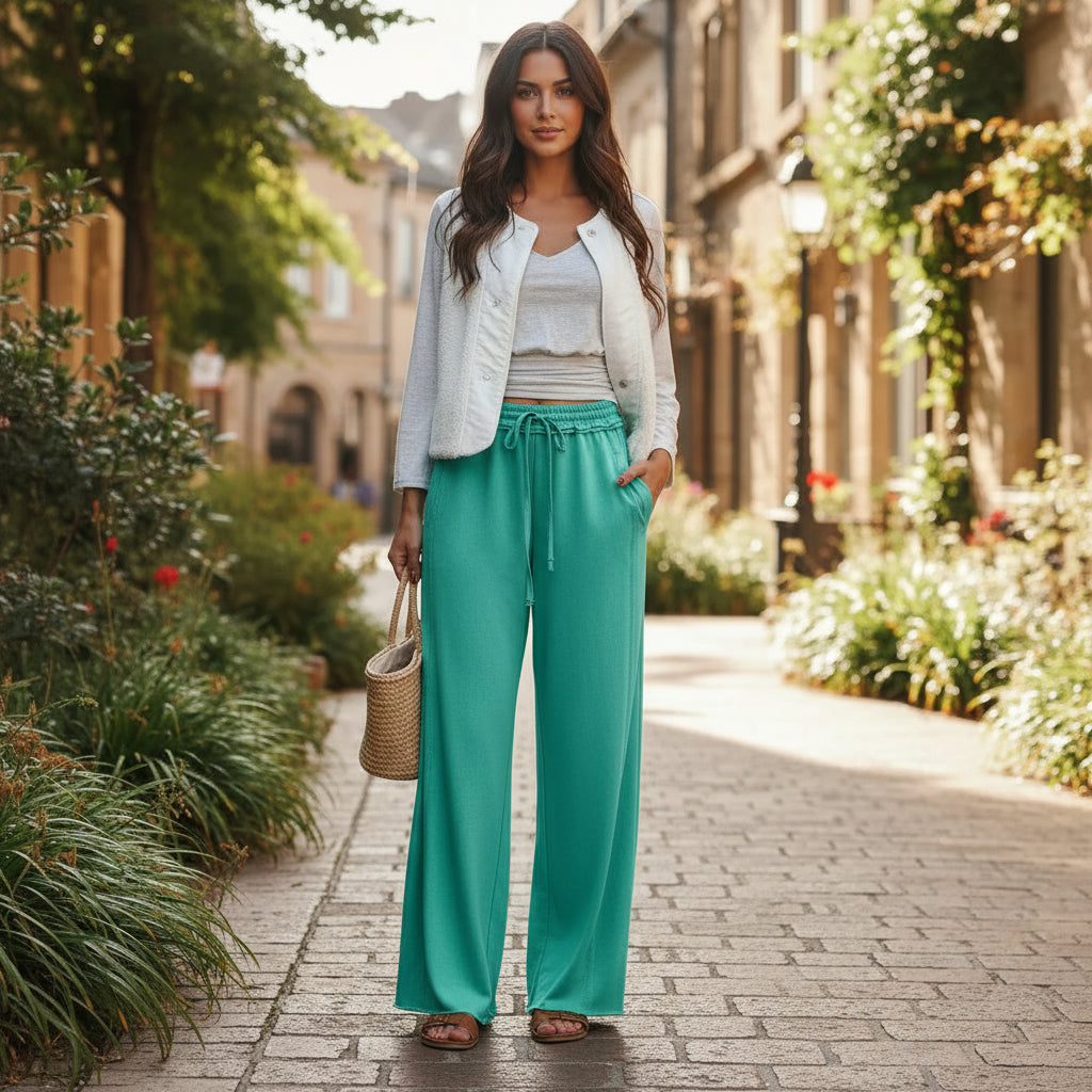 AQUA DRIFT WIDE LEG PANTS styled on a model in a scenic outdoor setting, featuring a sea green color and elastic waistband.