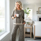 GROUNDED GRACE 2 pc Lounge Set featuring chic khaki leopard print and relaxed silhouette for stylish comfort.