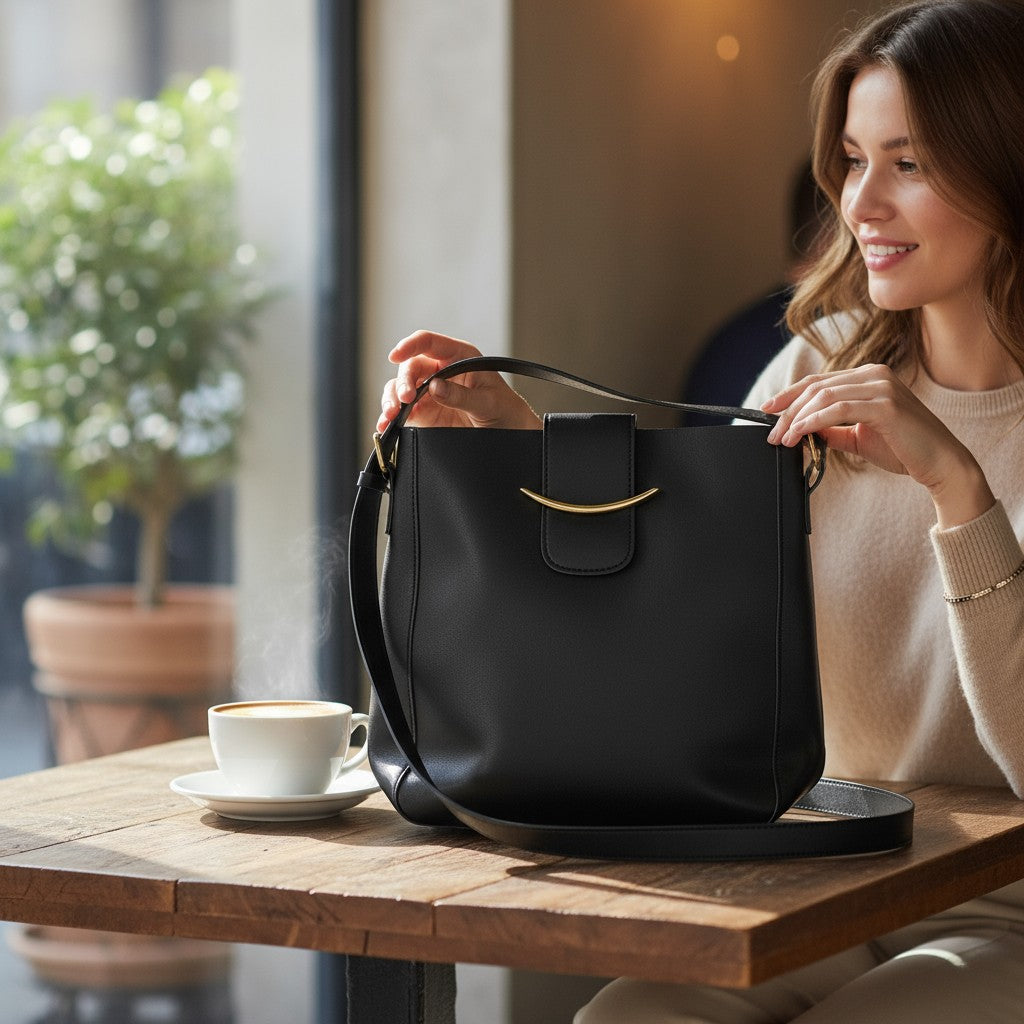 POLISHED PATH HANDBAG (black) displayed on a table next to coffee while a woman enjoys her drink.