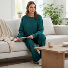 LAKEHOUSE LUXE PANTS SET in sea teal, featuring a textured round-neck sweatshirt and loose drawstring high-waist pant set.