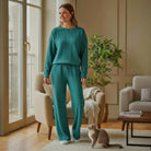 LAKEHOUSE LUXE PANTS SET in sea teal with round neck sweatshirt and high-waist pants, styled for comfort and relaxation.
