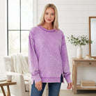 WEEKEND CREW PULLOVER - Zenana in violet, featuring a relaxed fit and mineral wash finish, perfect for laid-back days.