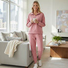 LUXE LEISURE SET - Zenana (winter rose) model wearing cozy athleisure outfit with a cup of coffee.