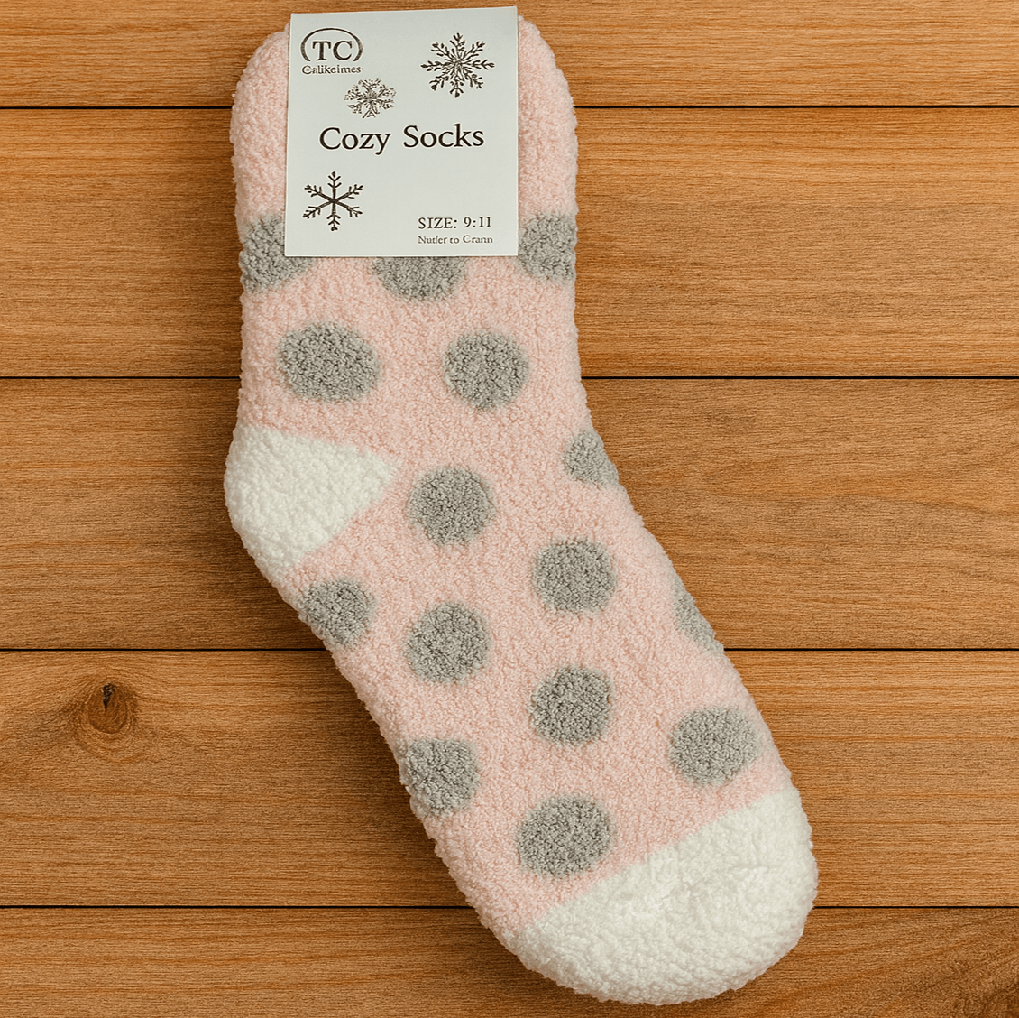 Soft pink and gray cozy socks with polka dots, perfect for comfort and warmth at home.