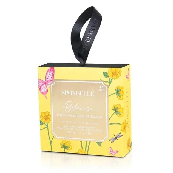 BOTANICA BY SPONGELLE Citrus Aurantium Body Wash Infused Buffer packaging with floral design and butterfly accents.