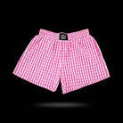 BXGH-PINK GINGHAM BOXER SHORTS in classic pink gingham pattern, perfect for lounging and casual wear.