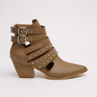 ARISA STRAPPY ANKLE BOOTS in taupe with studded straps and adjustable buckles, featuring a pointed toe and stacked block heel.