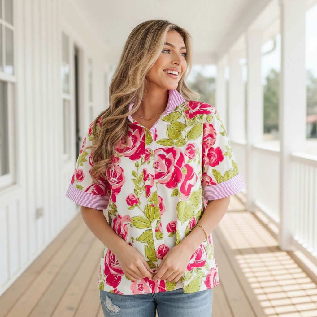 Model wearing a SPRING STATEMENT TOP with vibrant floral print and striped trim, showcasing a stylish collar.