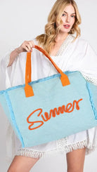 Chic Sweet Summertime Tote Bag in sky blue with tangerine handles, perfect for summer outings.