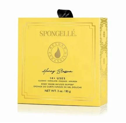 BEYOND CLEANSING HONEY BLOSSOM by Spongelle body wash infused buffer packaging in yellow with floral design.
