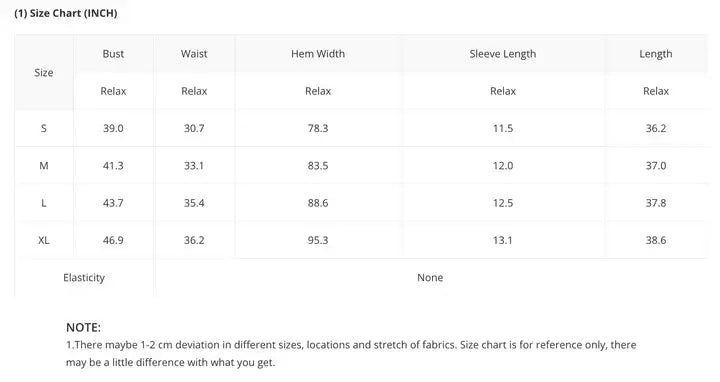 Size chart for TWIRL COMPANY DRESS showing measurements in inches for S, M, L, and XL sizes.