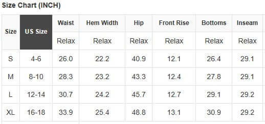 Size chart for WILD SPIRIT PANTS (cinnamon) including US sizes S, M, L, XL with measurements.