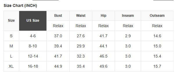 Size chart for Shore Thing Denim Romper showing bust, waist, hip, inseam, and outseam measurements.