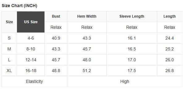 Size chart for women's tops including measurements for S, M, L, and XL sizes in inches.