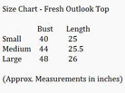 Size chart for FRESH OUTLOOK TOP - Umgee (green) showing bust and length measurements in inches.