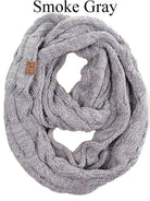 Smoke Gray C.C Fable Infinity Scarf, cozy cable knit design, trendy, soft acrylic fabric. Perfect for warmth and style.