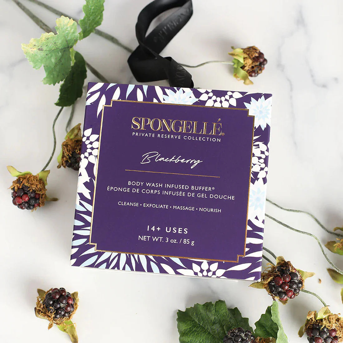 BLACKBERRY- PRIVATE RESERVE COLLECTION by Spongelle Boxed Flower Buffer with body wash and exfoliating features.