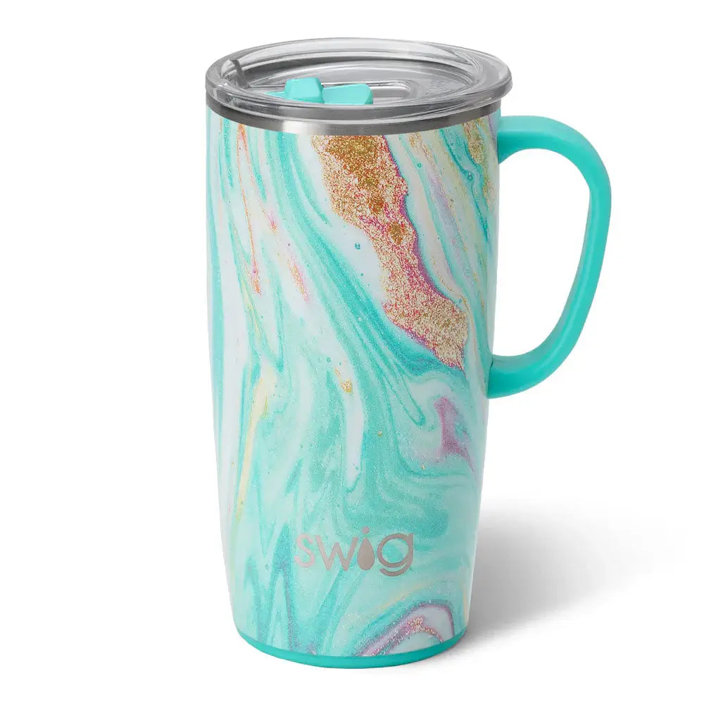 22oz Swig Wanderlust Tumbler with aqua, pink, and gold swirls, perfect for hot or cold drinks on the go.