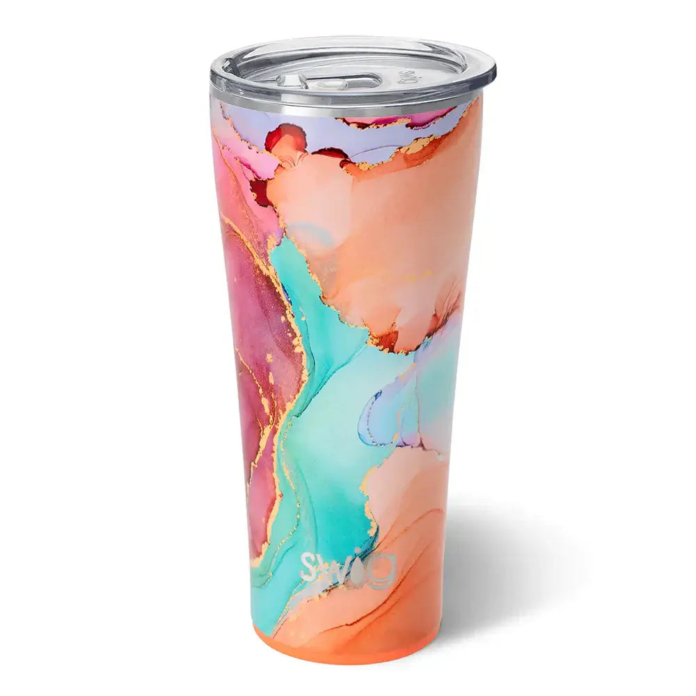 32oz Dreamsicle Tumbler by Swig featuring vibrant pink, aqua, and orange swirls with a sleek design.