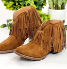 Copper brown Rodeo Girl boots with fringe, gold and rhinestone buckle by Very G, featuring a faux suede exterior and padded insoles.