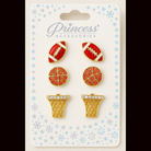 Red football and basketball stud earrings set by Princess Accessories for sports fans, stylish game-day accessory.