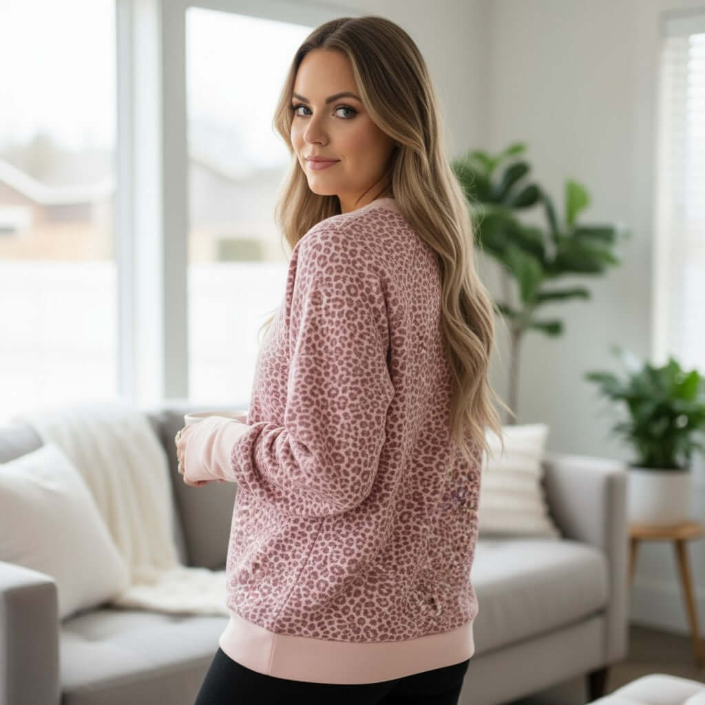 Woman wearing LAZY DAY LEOPARD CREWNECK pink leopard print sweatshirt at home.
