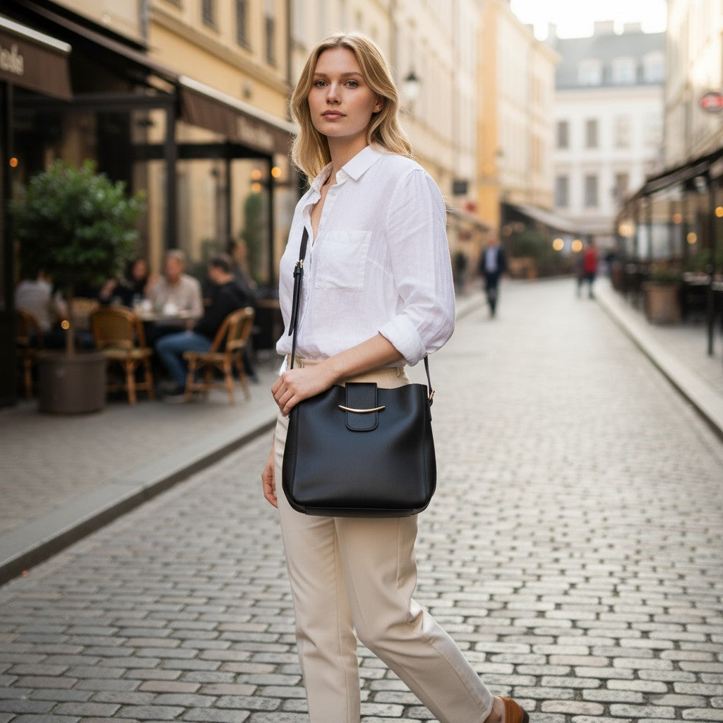 Model showcasing the POLISHED PATH HANDBAG (black) while strolling down a charming street.