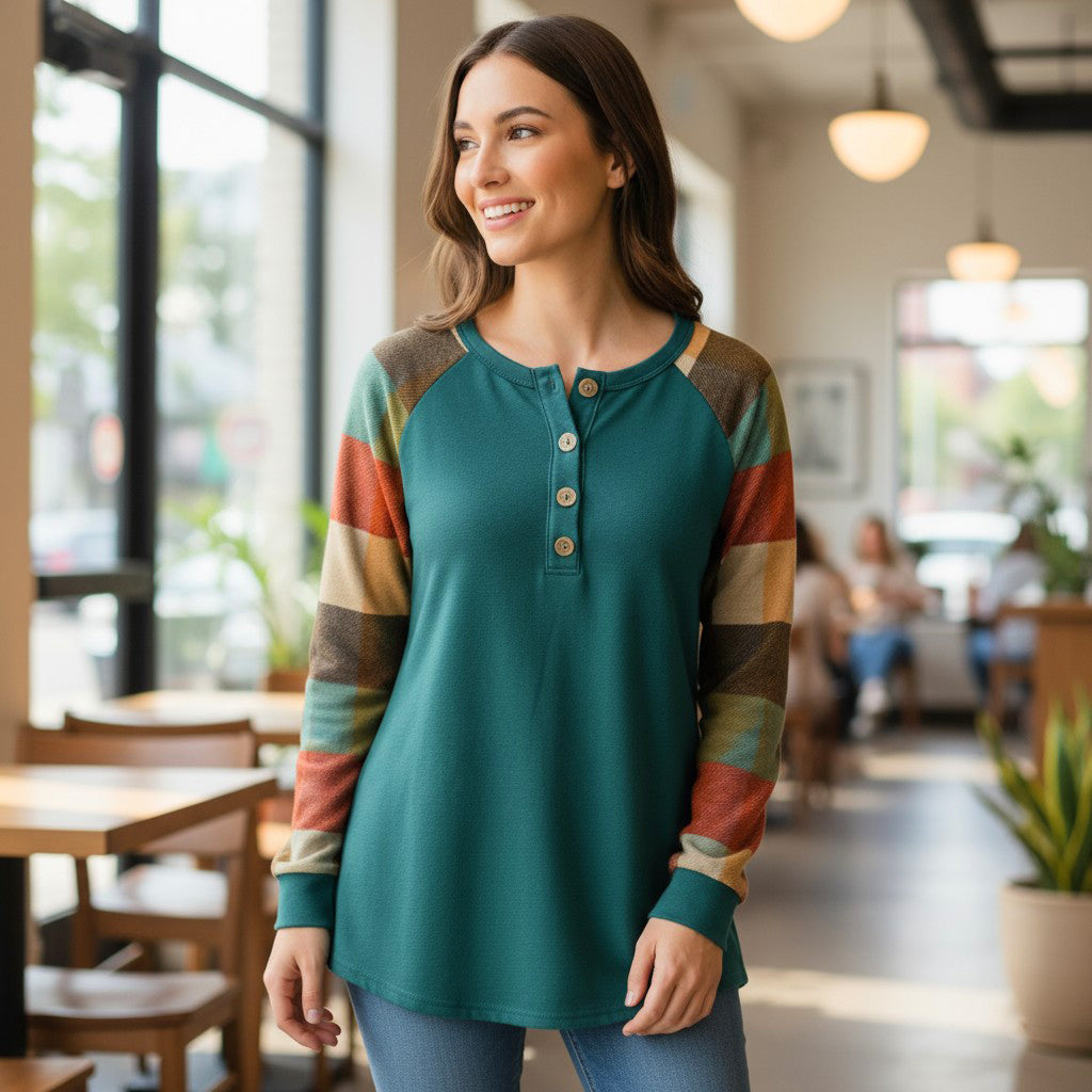 Woman wearing the HIGHLAND RETREAT TOP, featuring a split round neckline and plaid sleeves in a cozy café setting.
