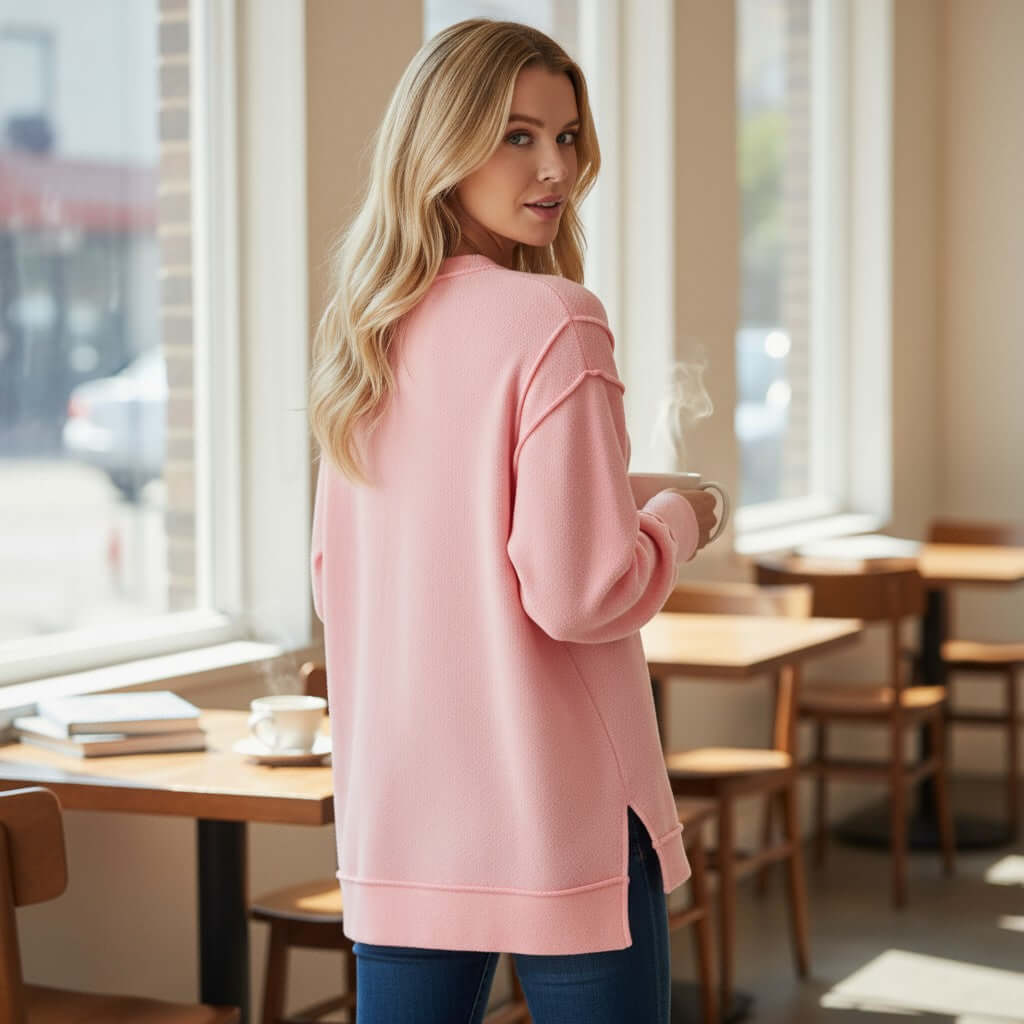 Model wearing SOFT INTENTIONS Pullover by Zenana (soft pink) in a cafe, showcasing its relaxed fit and side slits.
