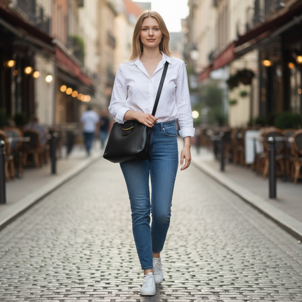 Woman walking in a European street wearing casual attire with the POLISHED PATH HANDBAG (black) for a stylish look.